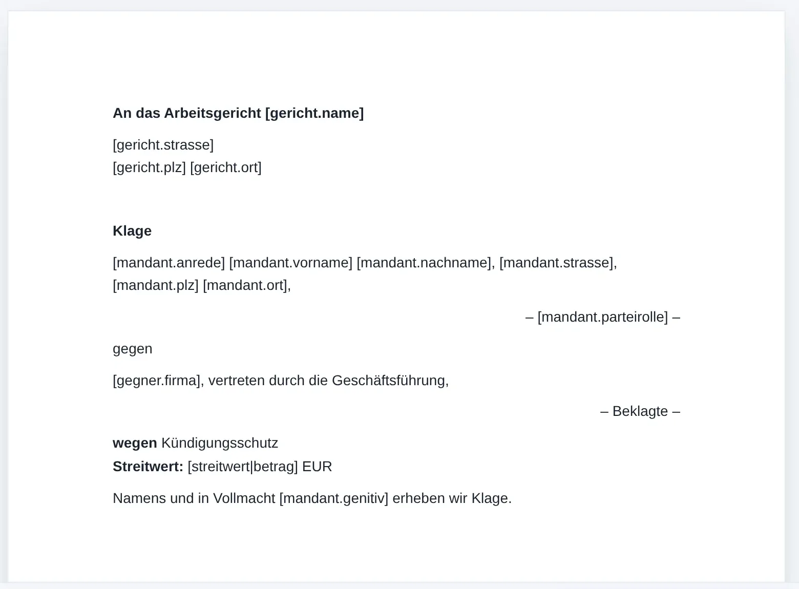 Rubrum einer Kündigungsschutzklage als Vorlage, mit den Platzhaltern für Gericht, Mandantschaft, Gegenseite und Streitwert