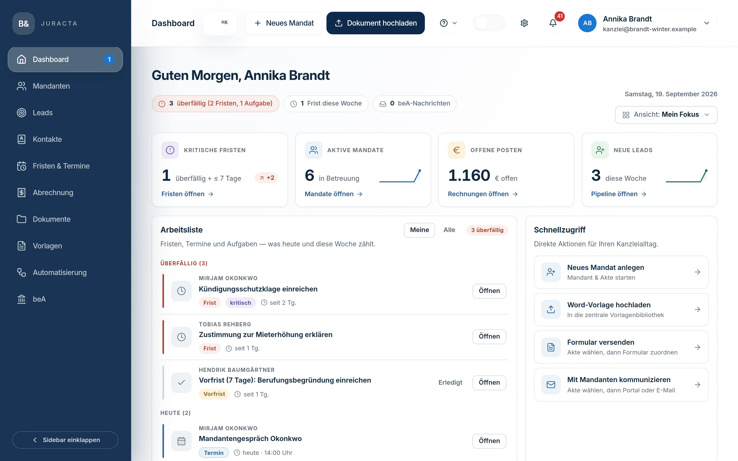 Juracta-Dashboard der Musterkanzlei Brandt & Winter: Arbeitsliste mit überfälligen Fristen, Kennzahlen und Schnellzugriff